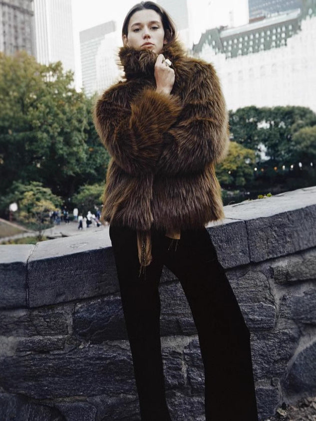 Artificial Wool Fur Cropped Jacket in brown