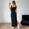 black High-waisted halter-neck slit maxi skirt