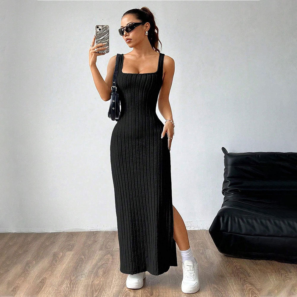 black High-waisted halter-neck slit maxi skirt