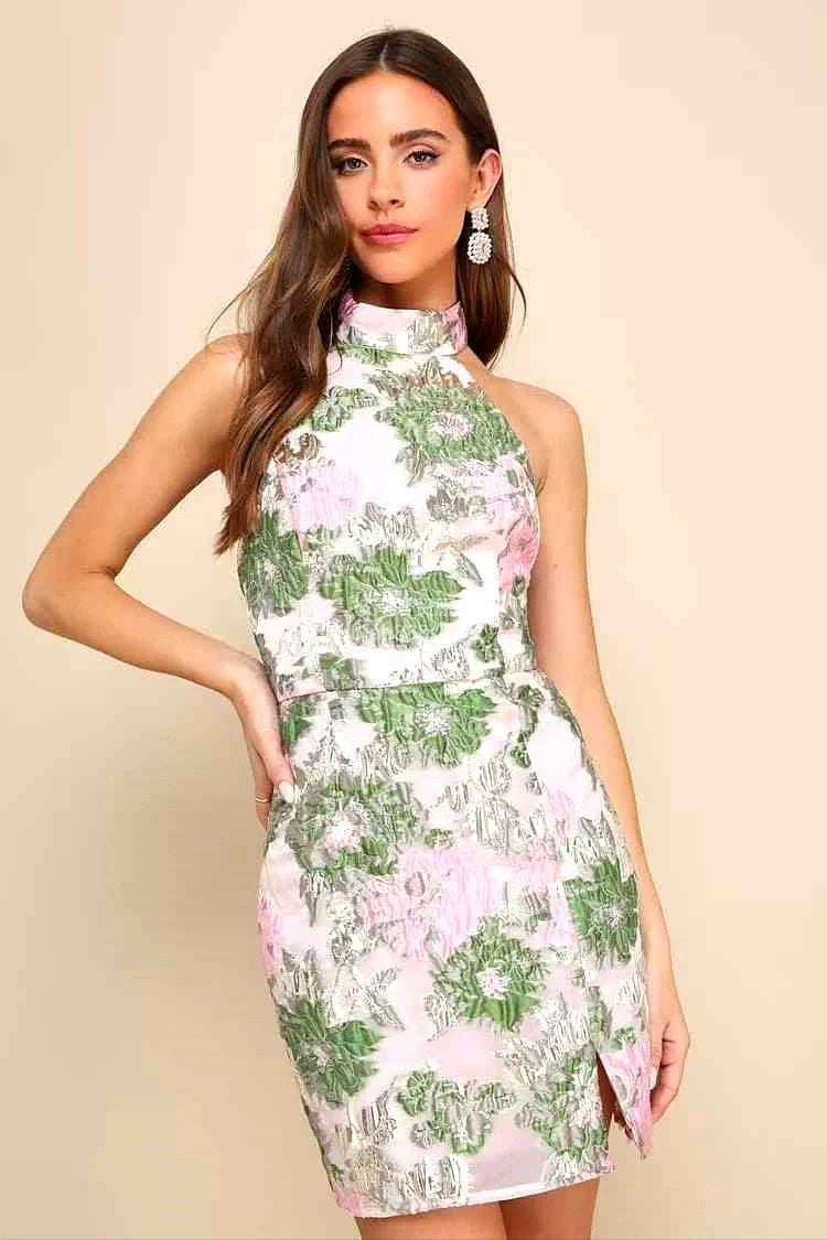 Jacquard Pink Green Floral Open Back Mini Dress