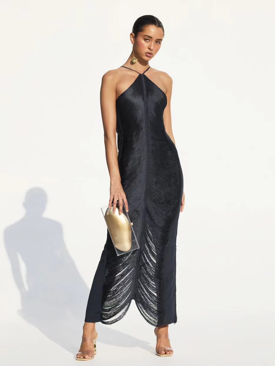 tassel rear slit halterneck dress