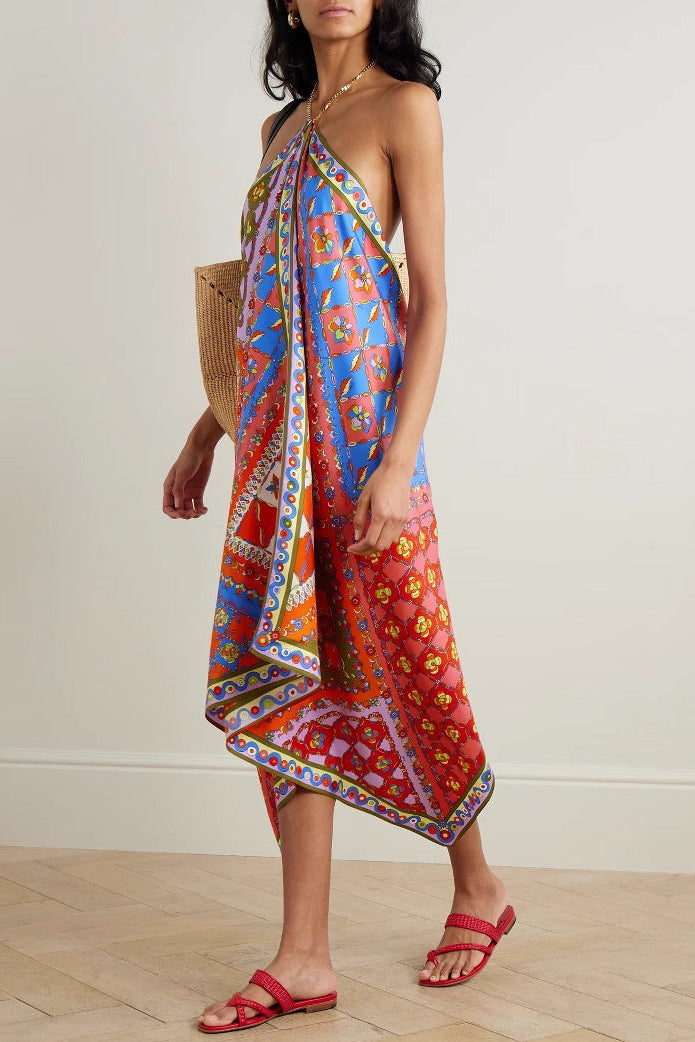 Printed satin backless halter neck dress