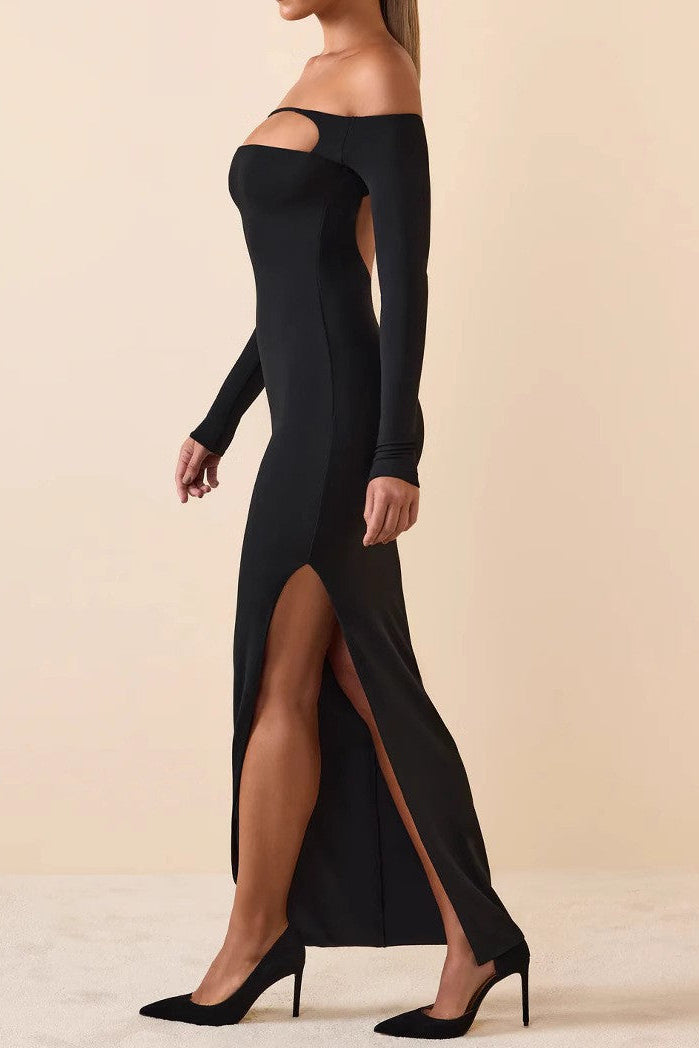 Off-the-shoulder long-sleeved side-slit bodycon maxi dress
