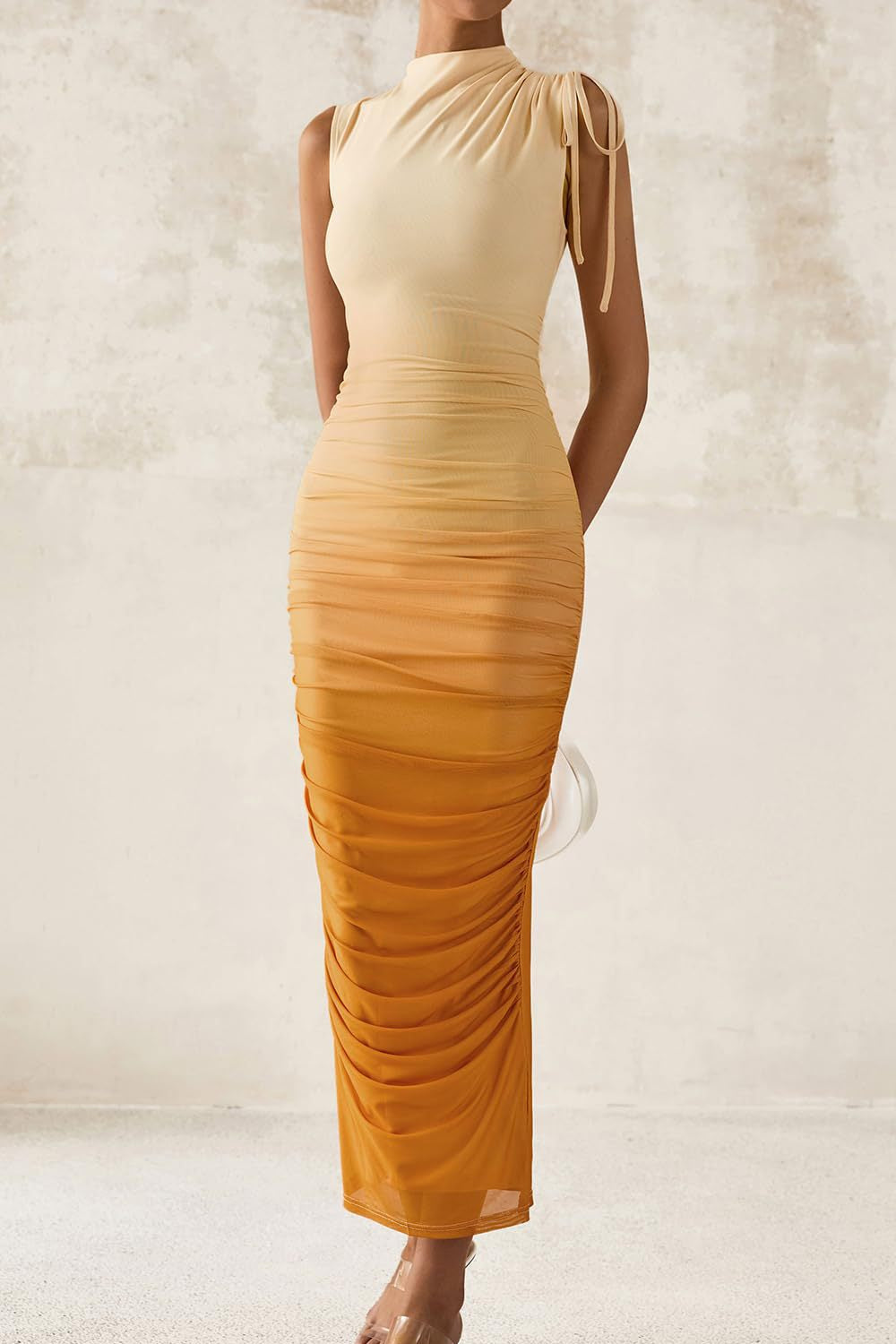 yellow Mesh flowers sleeveless crew neck dress