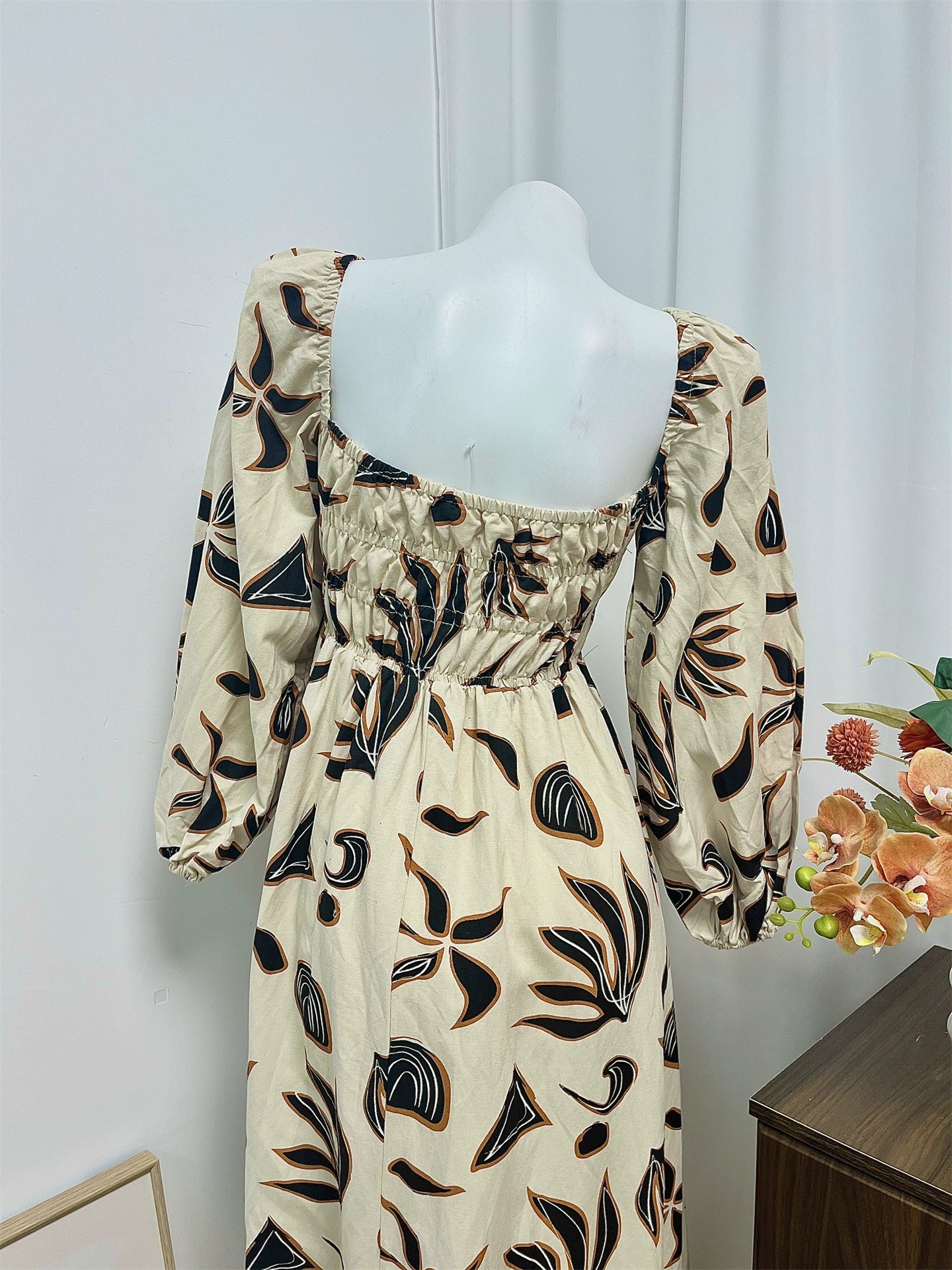 black square collar long sleeve dress