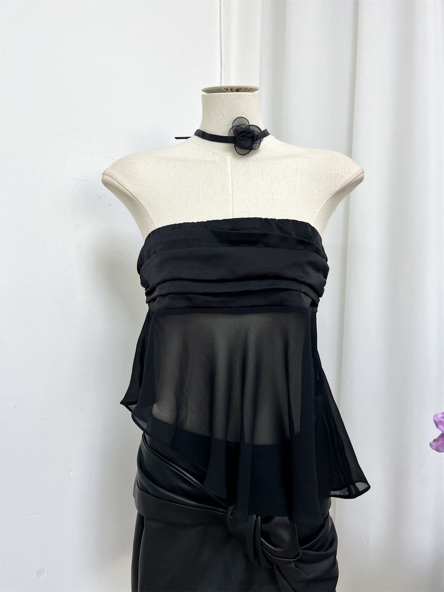 black satin chiffon splicing irregular hem bandeau