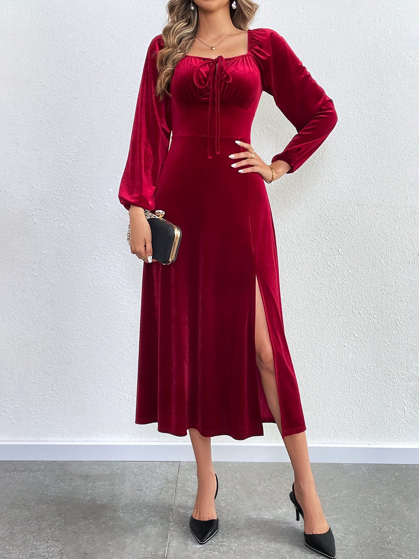 wine red Slit square neck puff sleeve long velvet dress