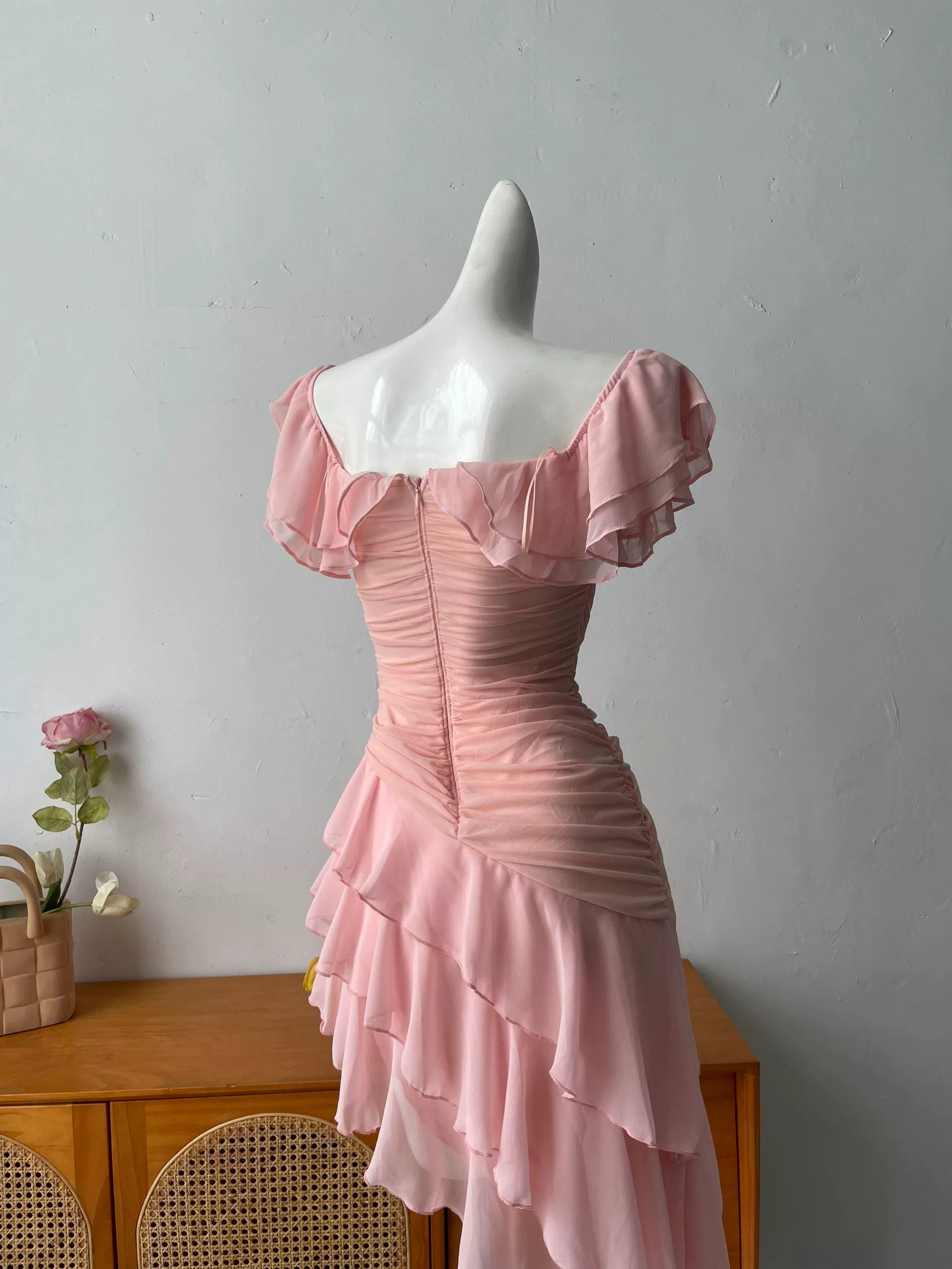 pink ruffle one shoulder mini dress