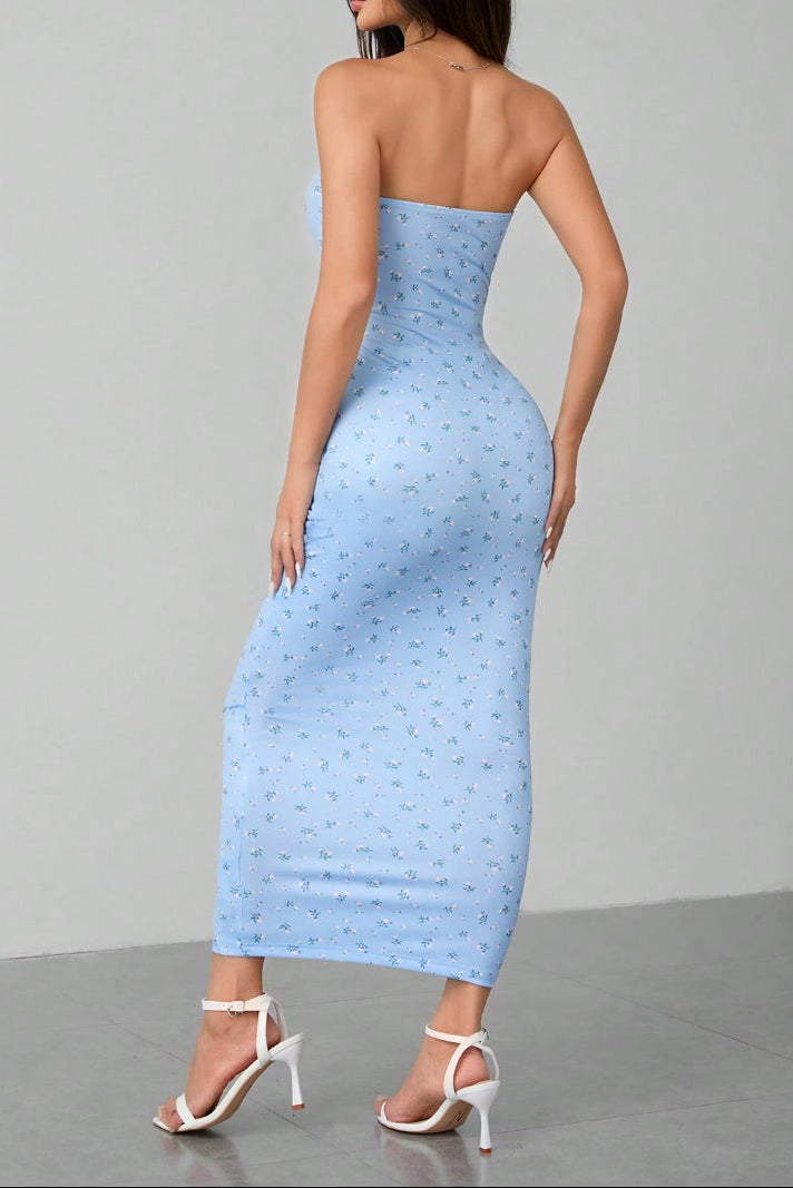 blue Floral strapless lace bodycon backless dress