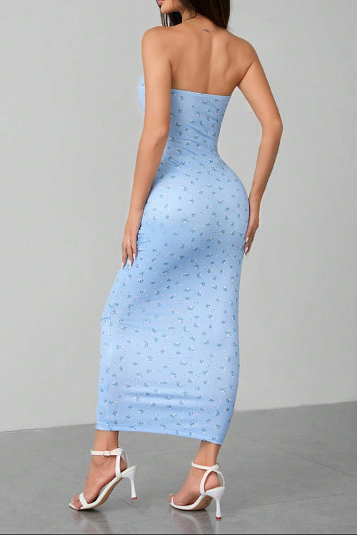 blue Floral strapless lace bodycon backless dress