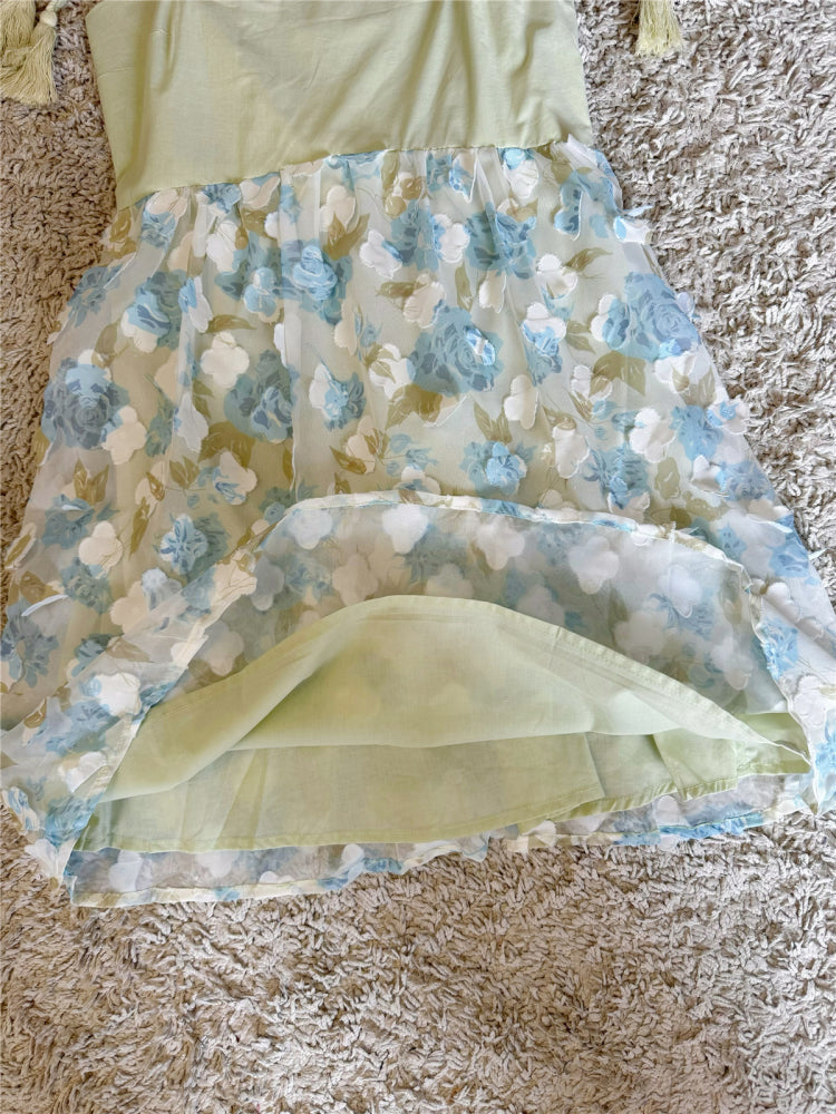 flower mesh bow tassel lace-up light green dress