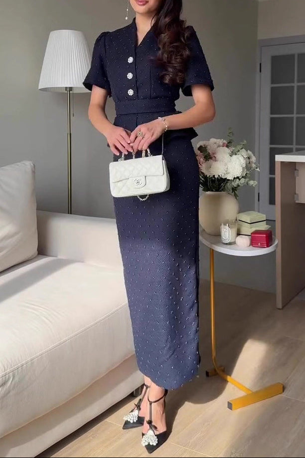 navy blue short-sleeved long skirt suit dress