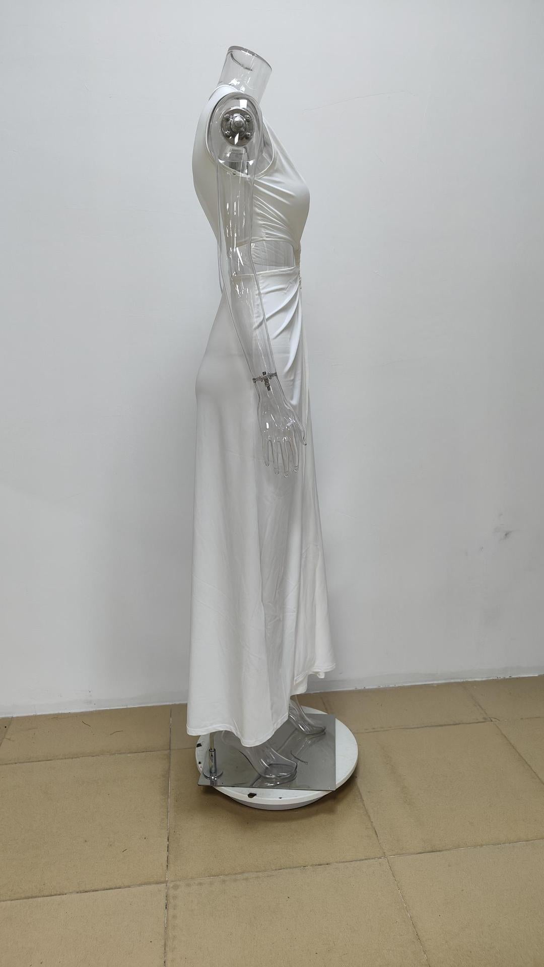 white Cutout Knot Slit V-Neck Sleeveless Pleated Irregular Dress