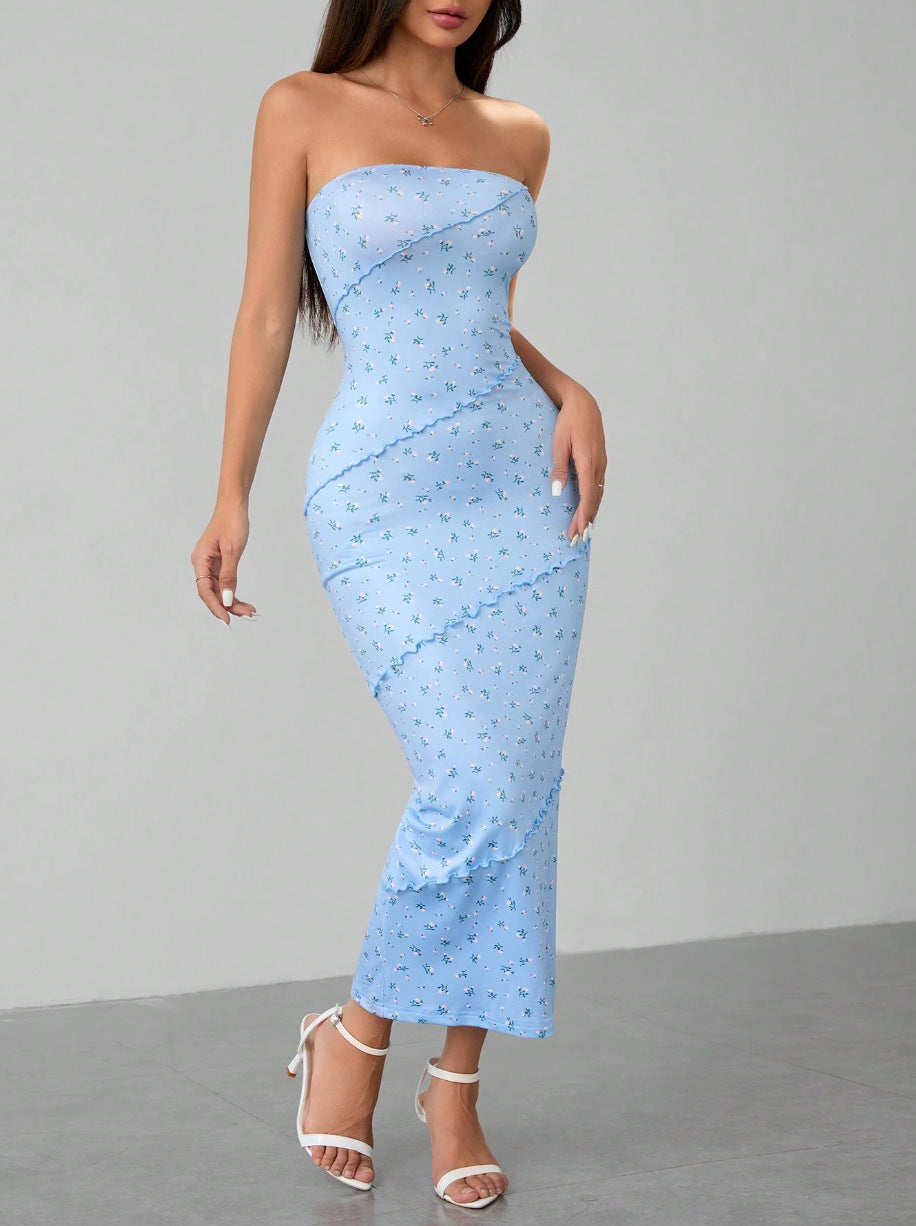 blue Floral strapless lace bodycon backless dress