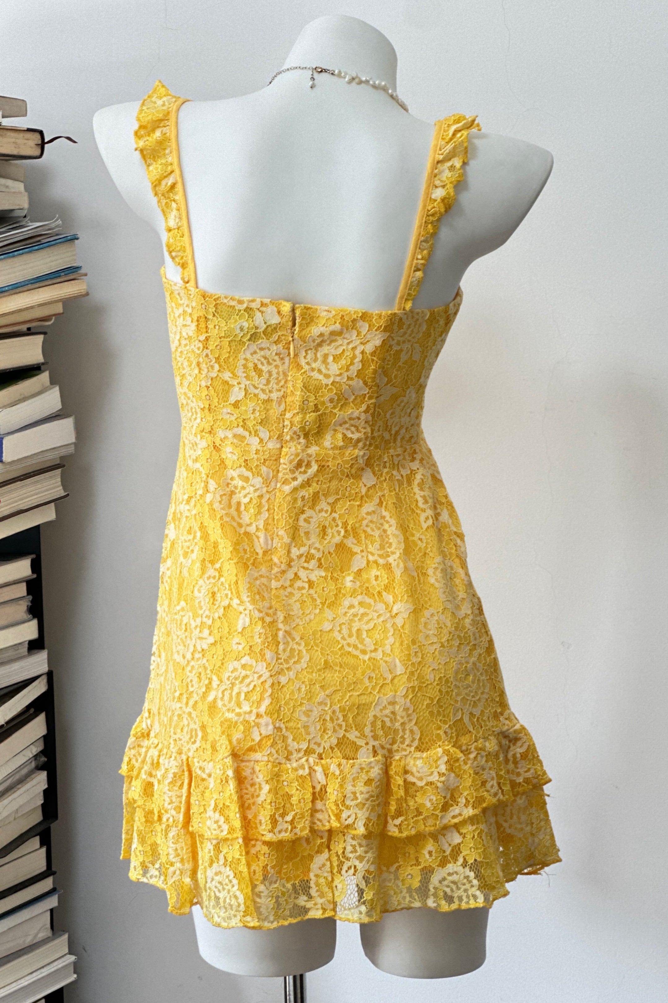 yellow suspender mini dress