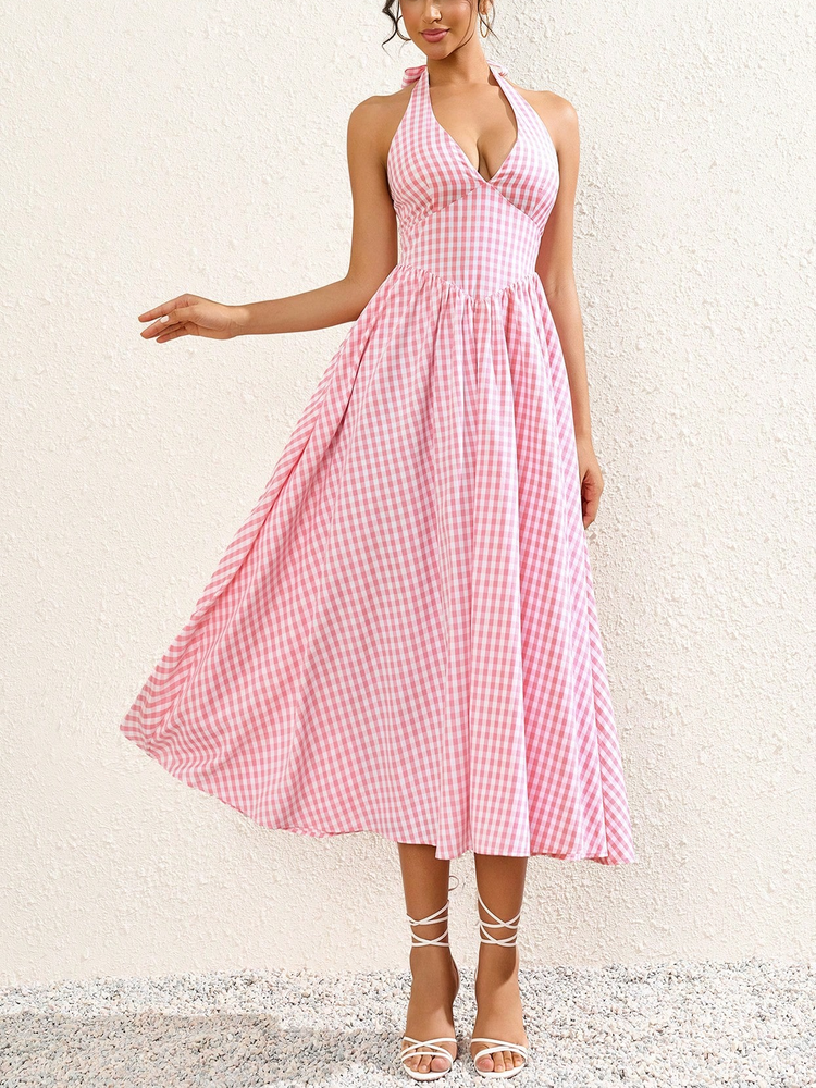 pink checkered halterneck tie sexy V-neck backless slip dress