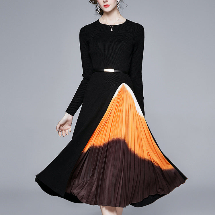 Knitted patchwork gradient pleated maxi dress