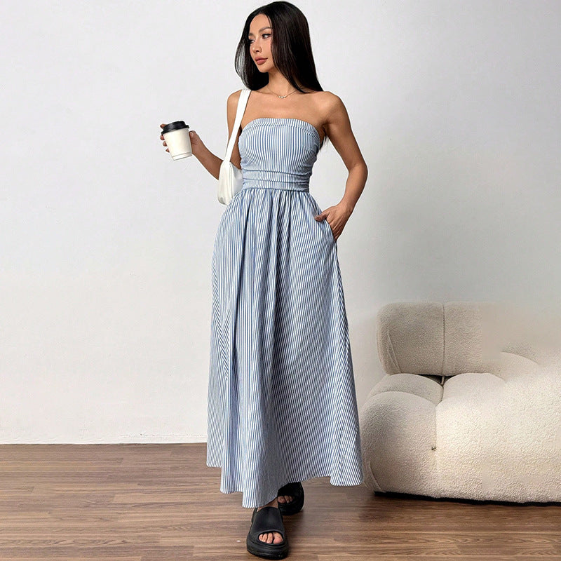 blue bandeau pocket long  dress