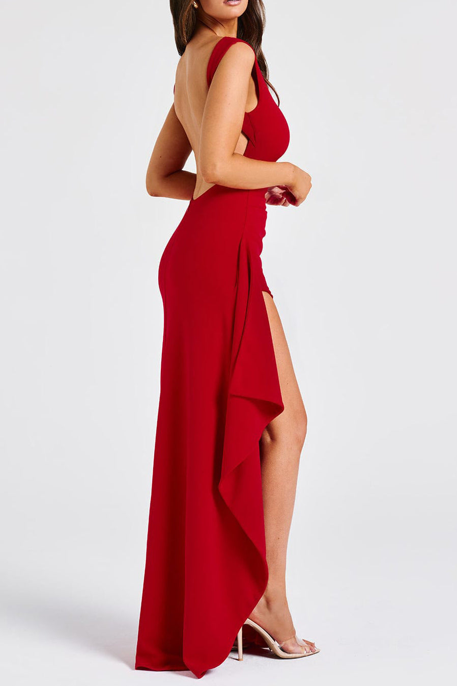 red Round neck high slit backless dress