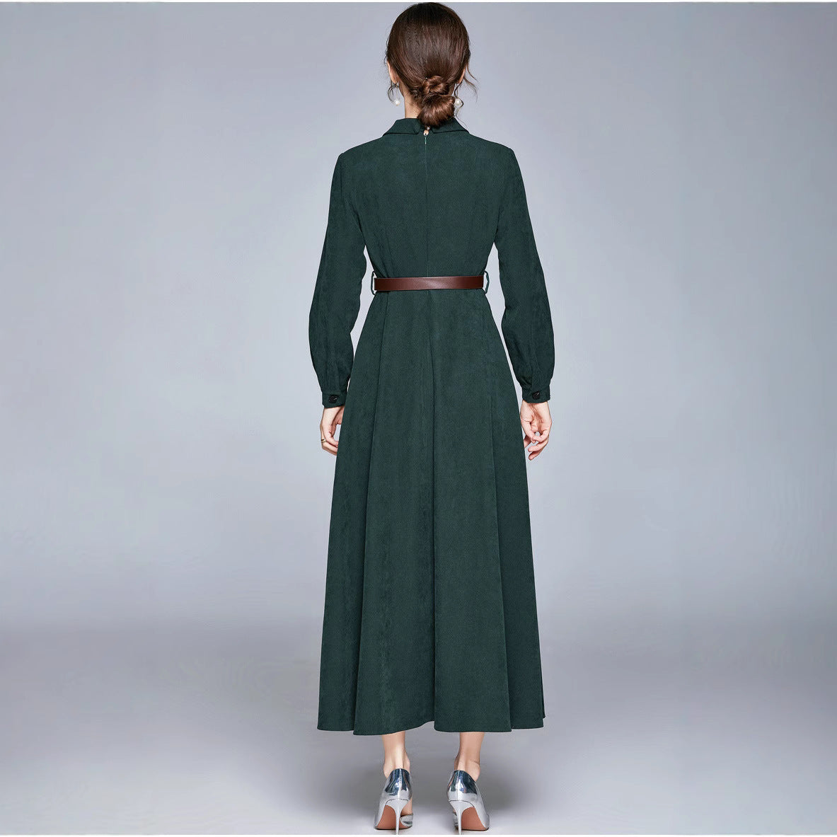 green Suit collar fitted waist maxi dress