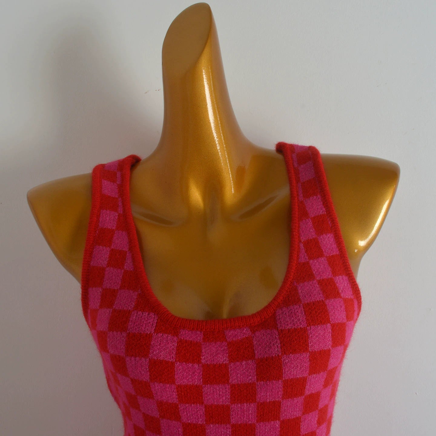 pink suspender checkerboard midi dress