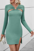 green V-neck long-sleeved hollowed-out slit bodycon dress