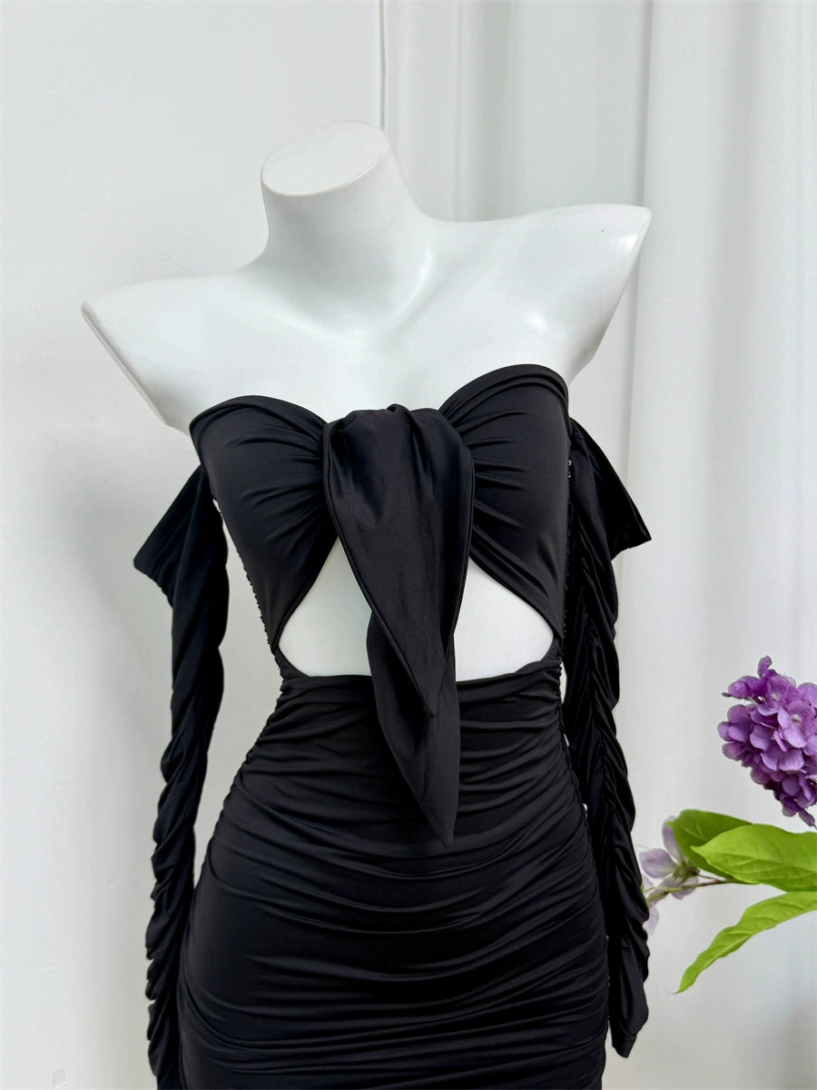 black off-the-shoulder mini dress