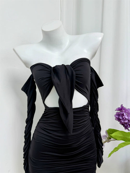 black off-the-shoulder mini dress