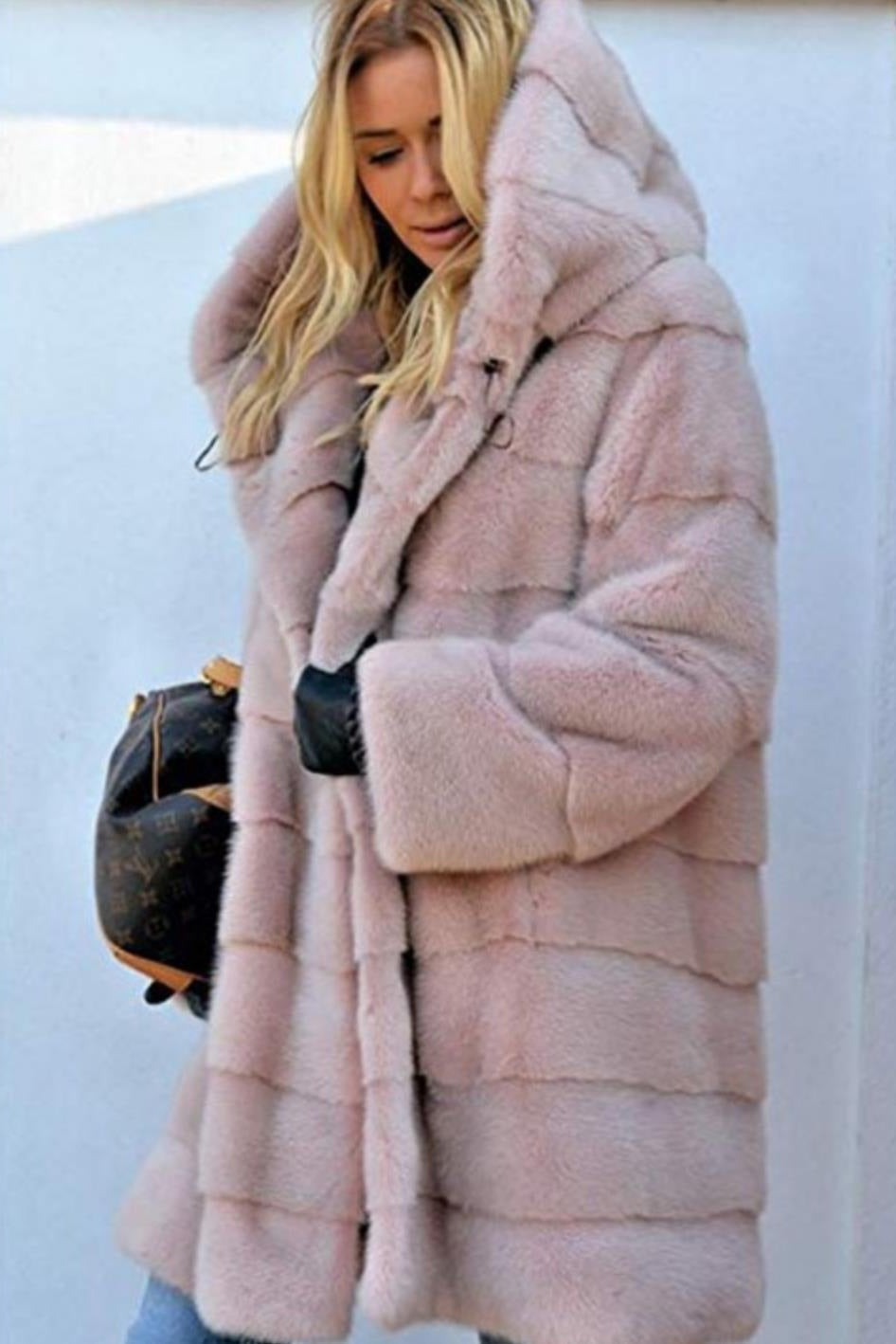 Solid Color Long Sleeve Faux Fur Hooded Warm Fur Jacket