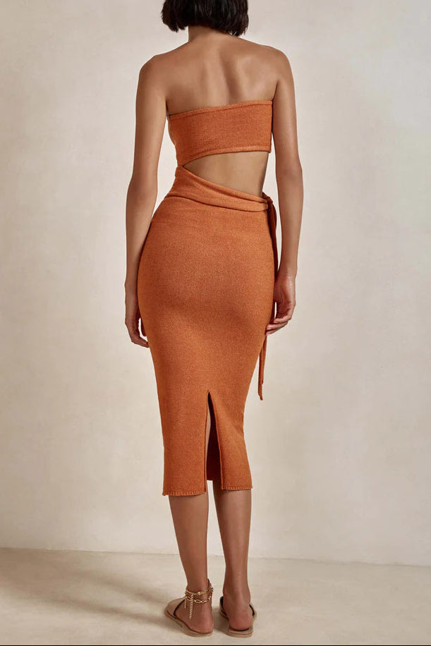 orange cut-out backless bandeau lace-up knitted dress