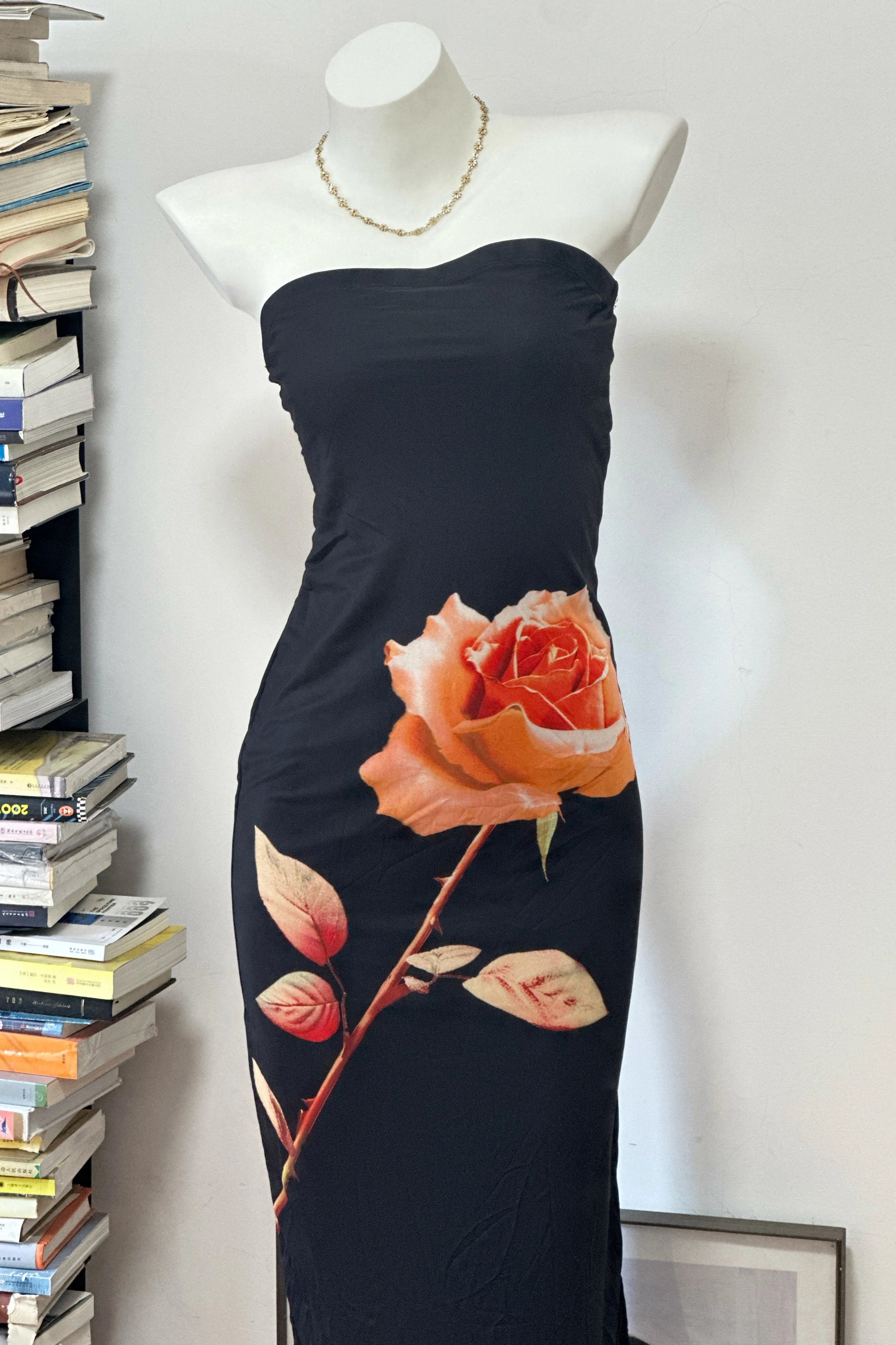 Mesh Print Slit Strapless Stretch Dress