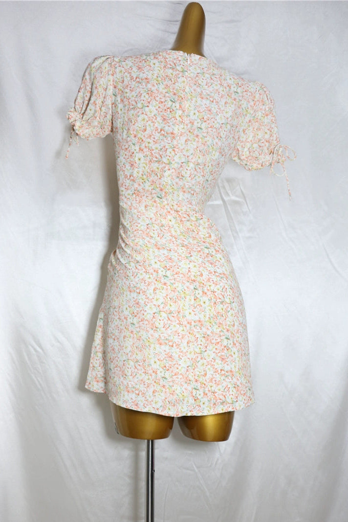 pink floral V-neck mini dress