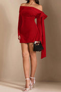 red Off-the-Shoulder Flared Sleeve Mini Dress