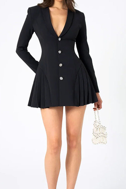 Deep V-neck single-breasted long-sleeved mini dress