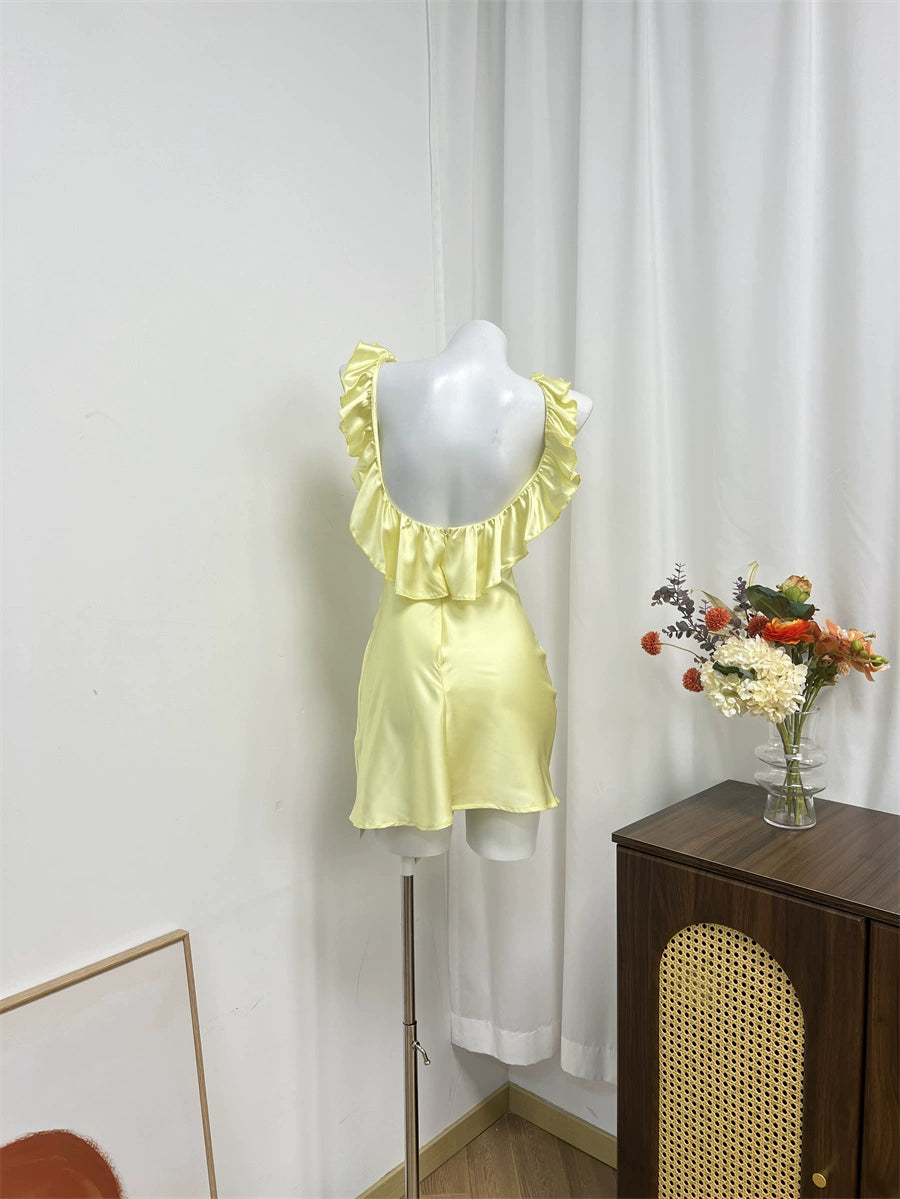 yellow Satin Ruffled V-Neck Backless Slip Dress