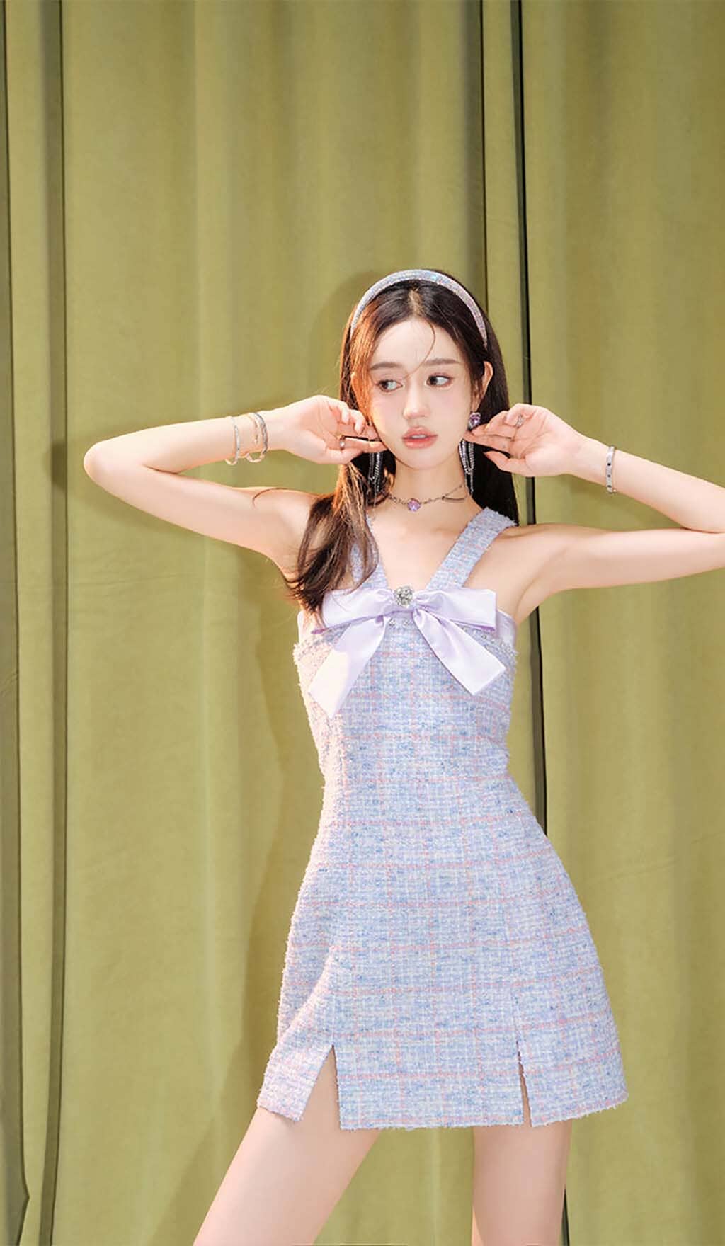 Lavender Tweed Mini Dress - Bowtie Detail Party Dress