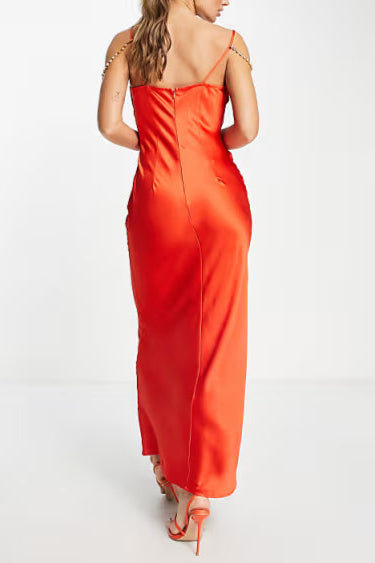 embellished satin cami maxi dress in burnt orange