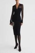 sheer knitted button-through midi dress in black