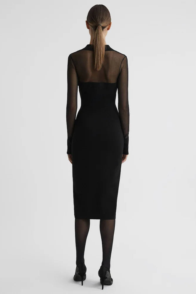 sheer knitted button-through midi dress in black
