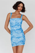 Ruched Mini Dress Floral Blue