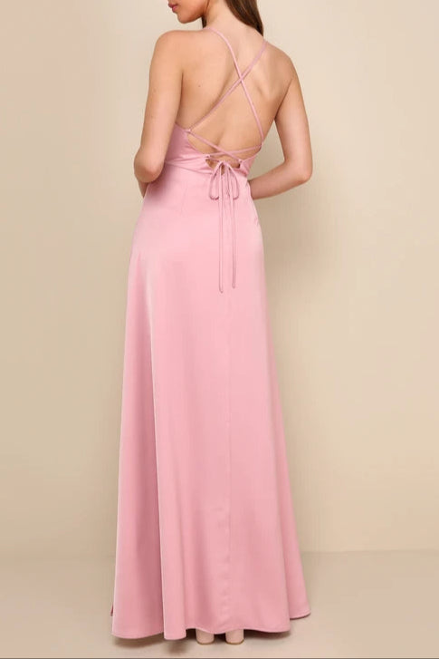 So Loving Pink Satin Pleated Lace-Up Backless Maxi Dress
