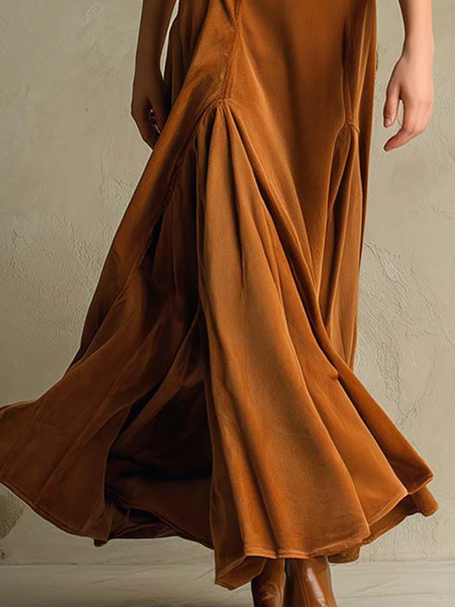Brown Elegant Retro Suit Collar Velvet Long Dress