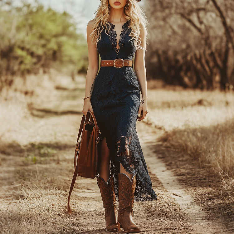 Bohemian Blue Lace Sleeveless Midi Dress