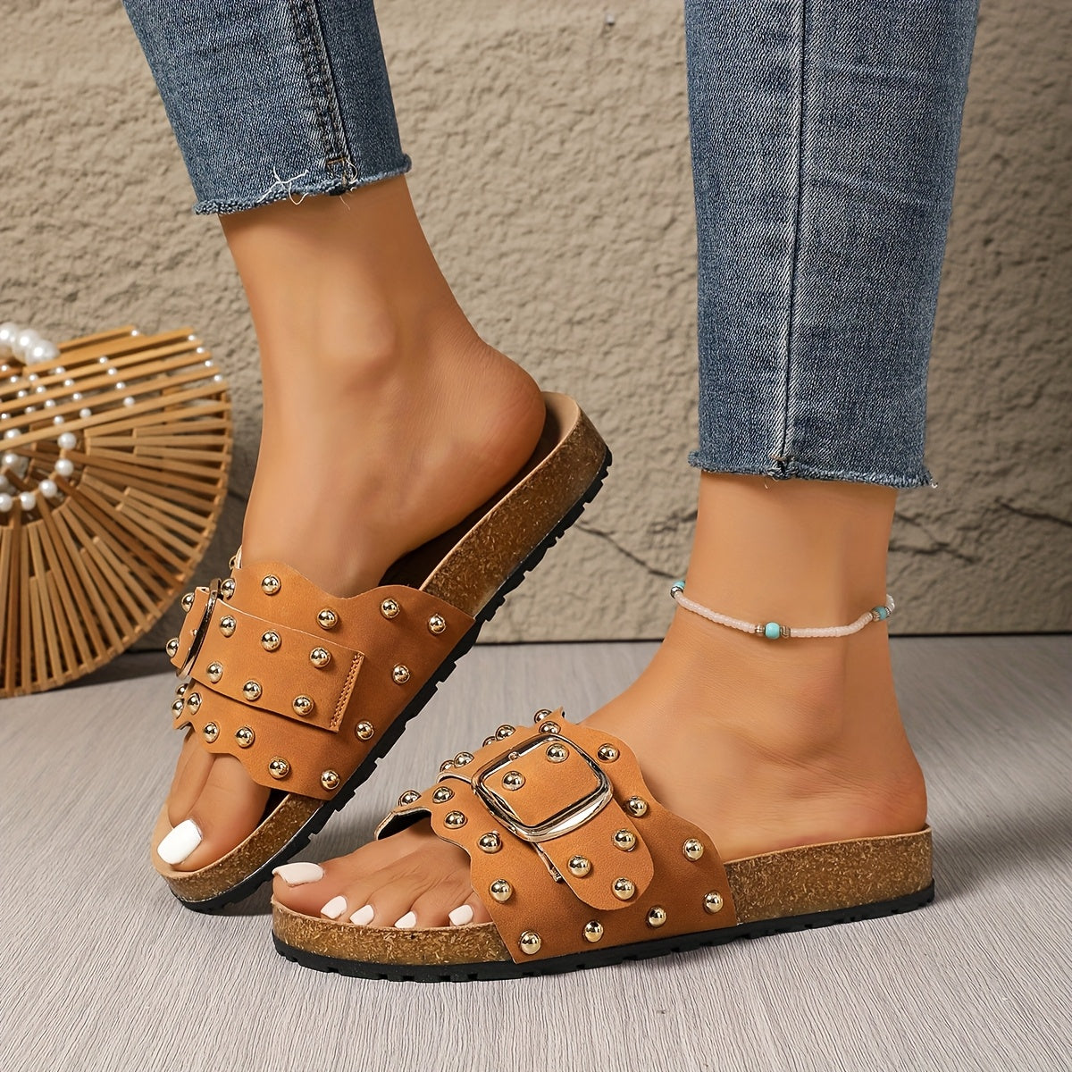 Cognac Rivet Slide Sandals