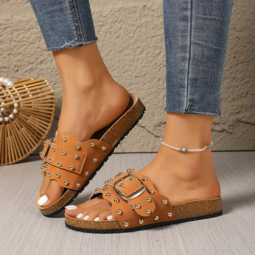 Cognac Rivet Slide Sandals