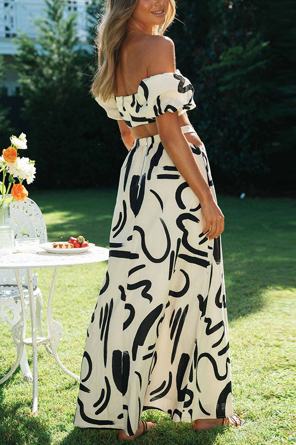 belinda Doodle Printed Off Shoulder Crop Top and Pocketed Cutout Maxi Skirt Set
