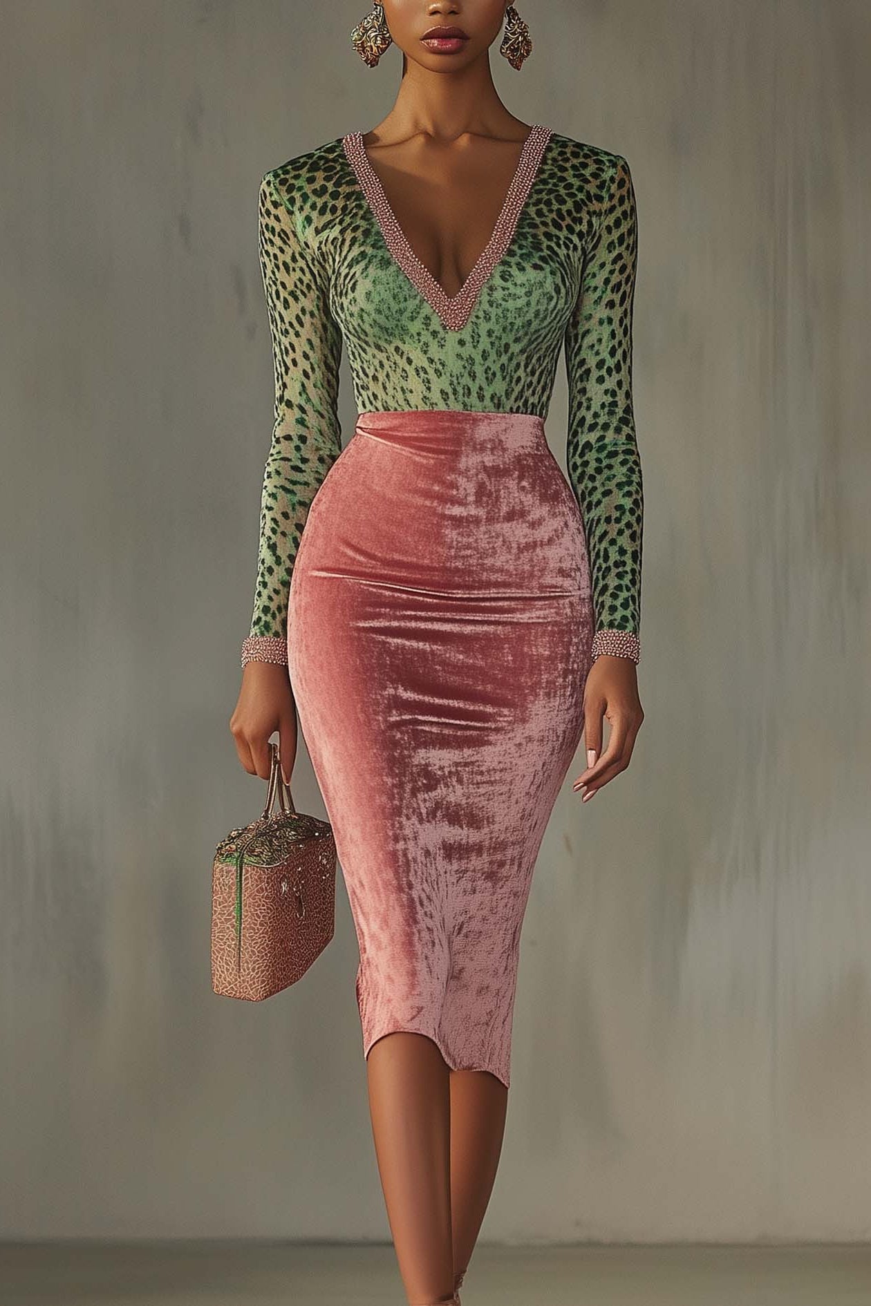 Pink Velvet Bodycon Dress With Patchwork Webbing And Leopard Print
