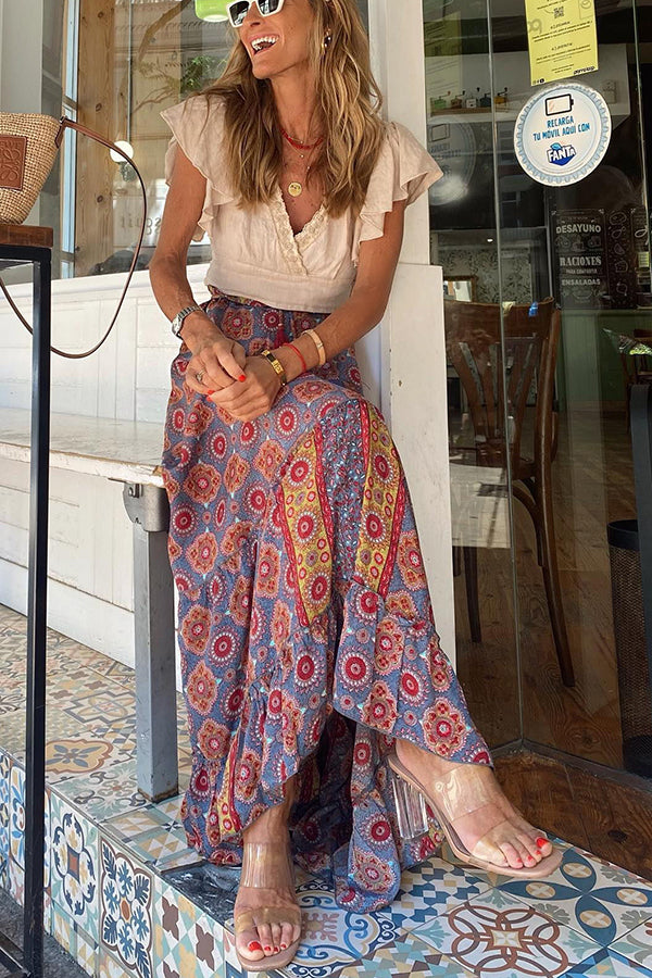 madeline Bohemian Print Elastic Waist Tassel Maxi Skirt