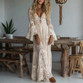 V-neck High Waist Lace Flared Long Sleeve Dress