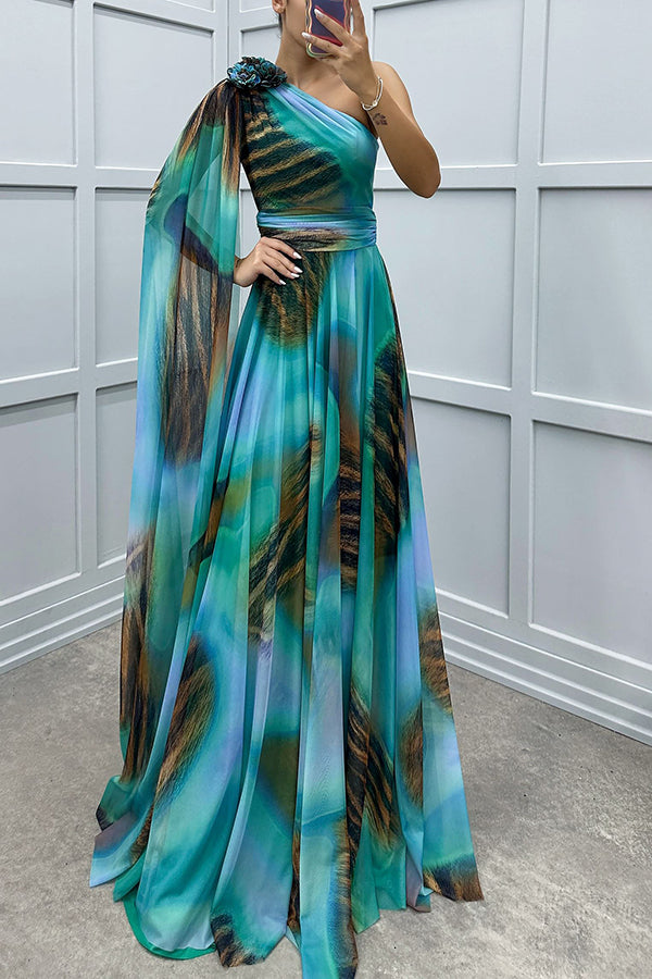 Print Floral Detail One Shoulder Draped Sleeve Gown Maxi Dress